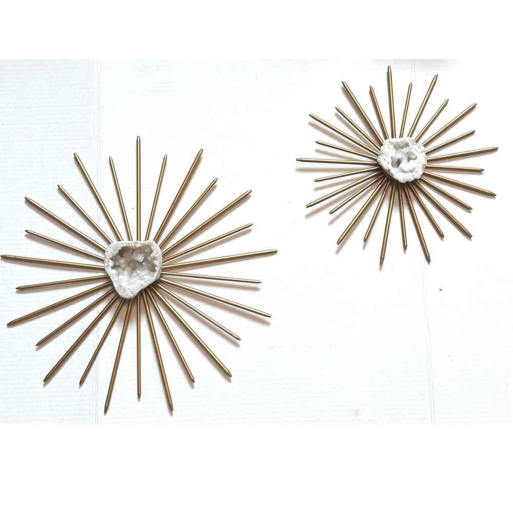 Gold MCM Metal Sunburst Wall Art Set Natural White Quartz Geode Centers 2pc - Picture 8 of 10